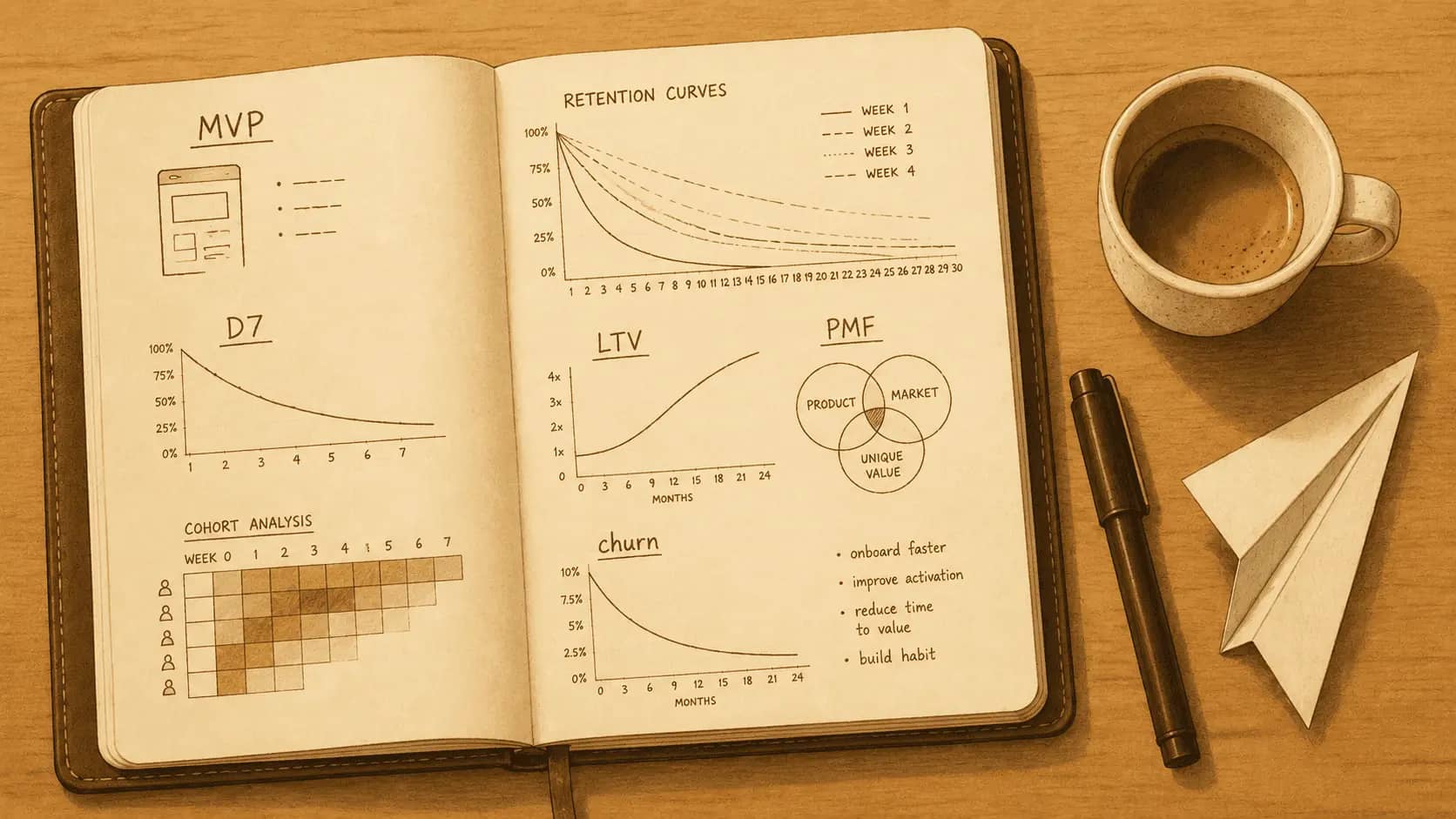 A founder's notebook with hand-drawn sketches of MVP, retention curves, D7 retention, LTV, PMF, cohort analysis, and churn — beside an espresso and a paper plane.