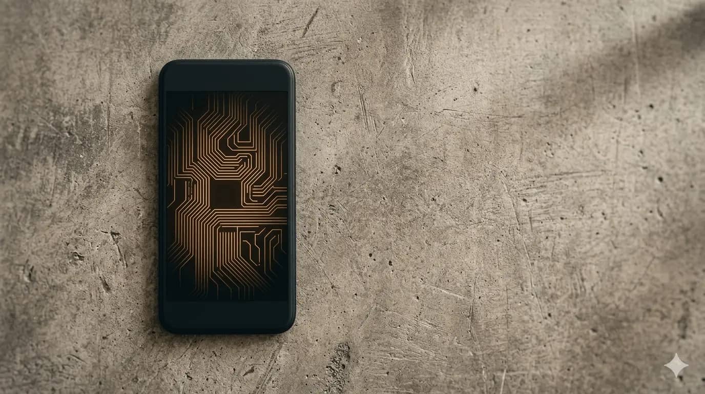 A matte-black smartphone lying flat on a textured concrete surface. The phone's dark screen shows a warm amber circuit-board pattern that stays contained inside the screen edges, a visual metaphor for on-device computation that never leaves the phone.