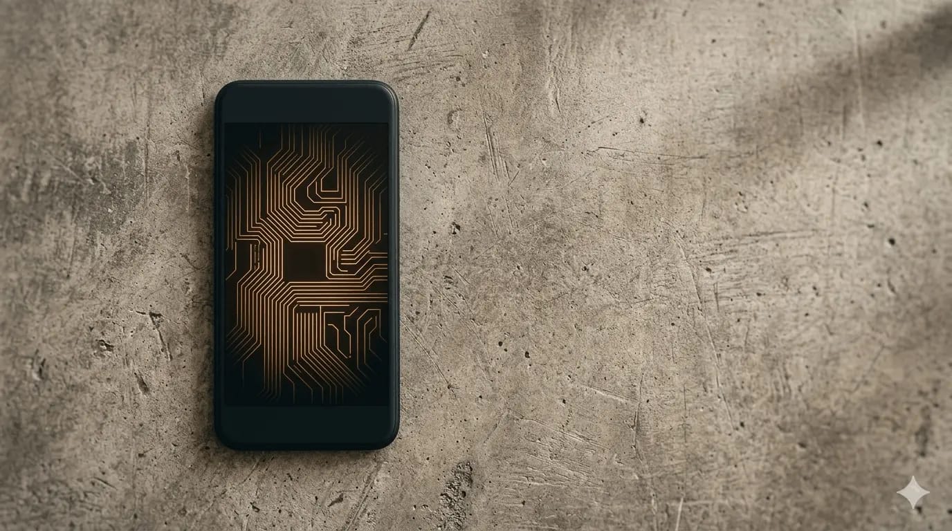 A matte-black smartphone lying flat on a textured concrete surface. The phone's dark screen shows a warm amber circuit-board pattern that stays contained inside the screen edges, a visual metaphor for on-device computation that never leaves the phone.